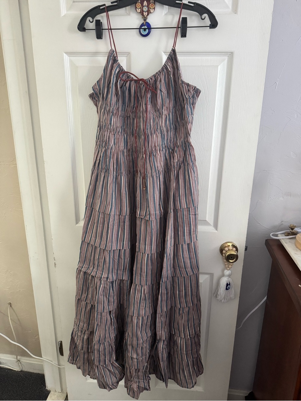 Free People Striped Tiered Maxi Dress in Dusty Rose, Blue & Cream